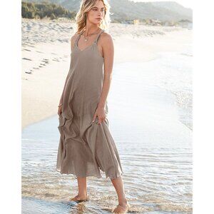 Garnet Hill Cotton Gauze Long Cover-Up Maxi Dress Tan Brown Natural Women's M